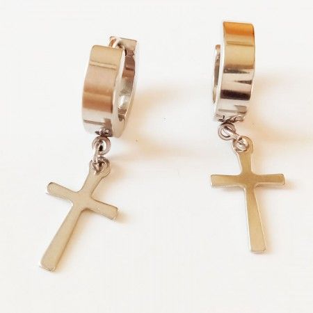 Stainless steel earrings with thick hoop and dangling cross