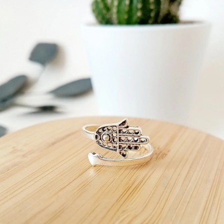 Adjustable 925 Sterling Silver Hamsa Hand Ring – Open Design