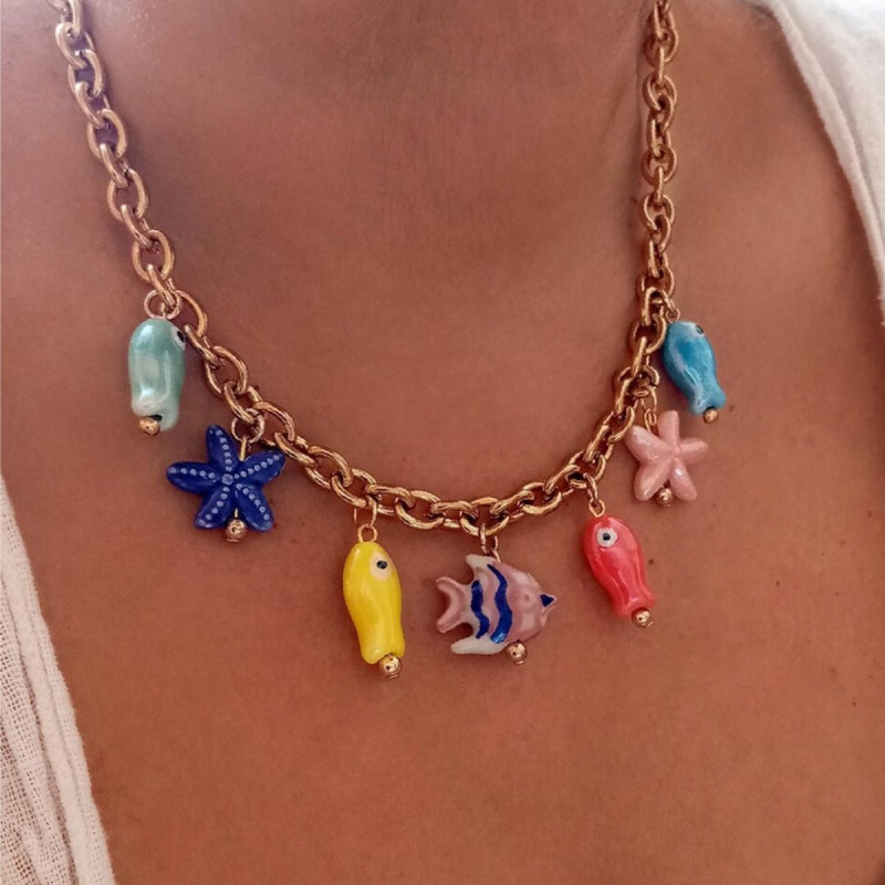 stainless steel necklace with gold plating and enamelled ceramic marine charms